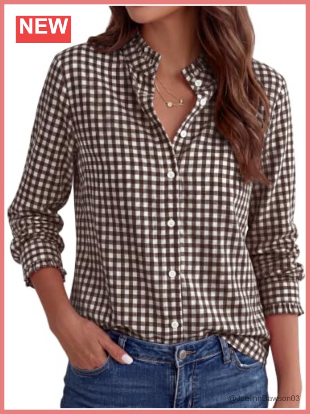Womens Long Sleeve Button Down Shirt Ruffle Collar Cuffs Gingham Blouse